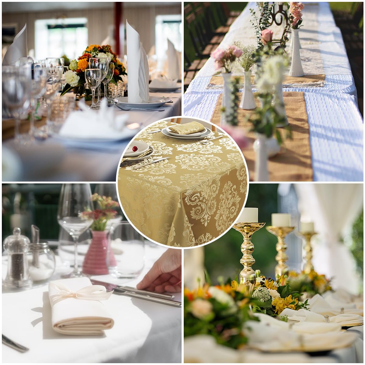 SASTYBALE Damask Gold Tablecloth Rectangle 52 x 70 Inch, Floral Jacquard Spill Proof Washable Polyester Table Cloth, Soft Table Cover for Dining/Party/Wedding/Indoor/Outdoor