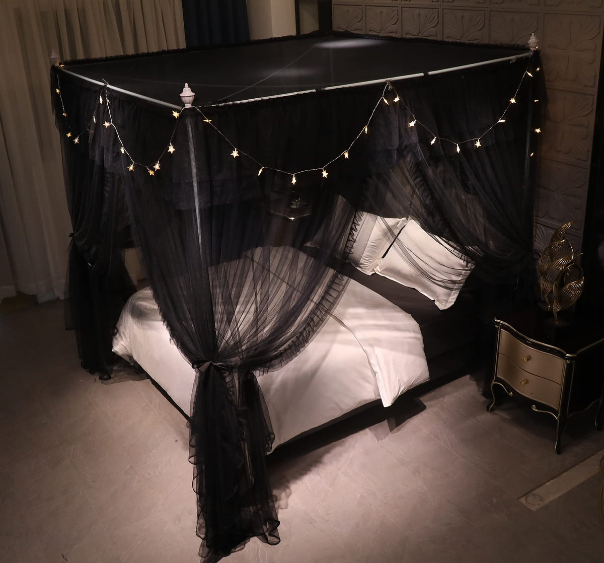 VETHIN 4 Corners Post Ruffle Princess Bed Canopy Curtain-Double Layer Cozy Drape Netting 4 Opening Mosquito Net for Girls Adults Bedroom Decoration (Double-Black,64" W*82" L*82"*H/Queen)