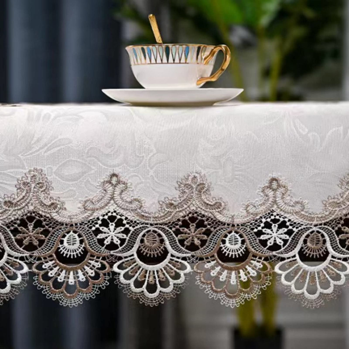 ZMNSZBDBeige Embroidered Lace Tablecloth Lace Coffee Table Cover Oval Hollow Fabric Tablecloth, Washing Machine, Dryer, Refrigerator Top Dust Cover (20''X43'')