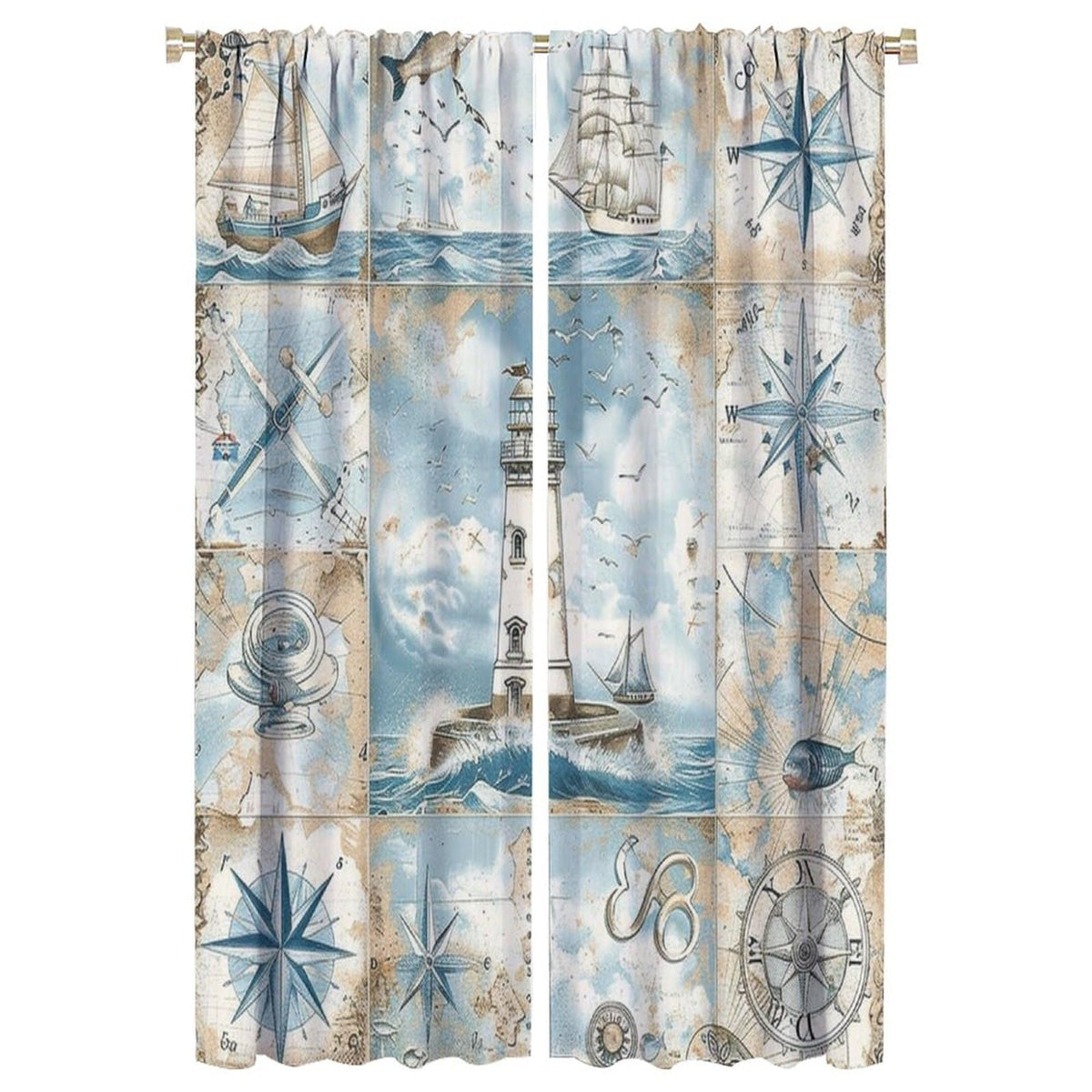 TOWINSFB Nautical Journey Blackout Curtains for Living Room Bedroom, Retro Sailboat Compass Lighthouse Window Curtains Rod Pocket Thermal Insulated Window Drapes, 2 Panels, Each 21W x 63L