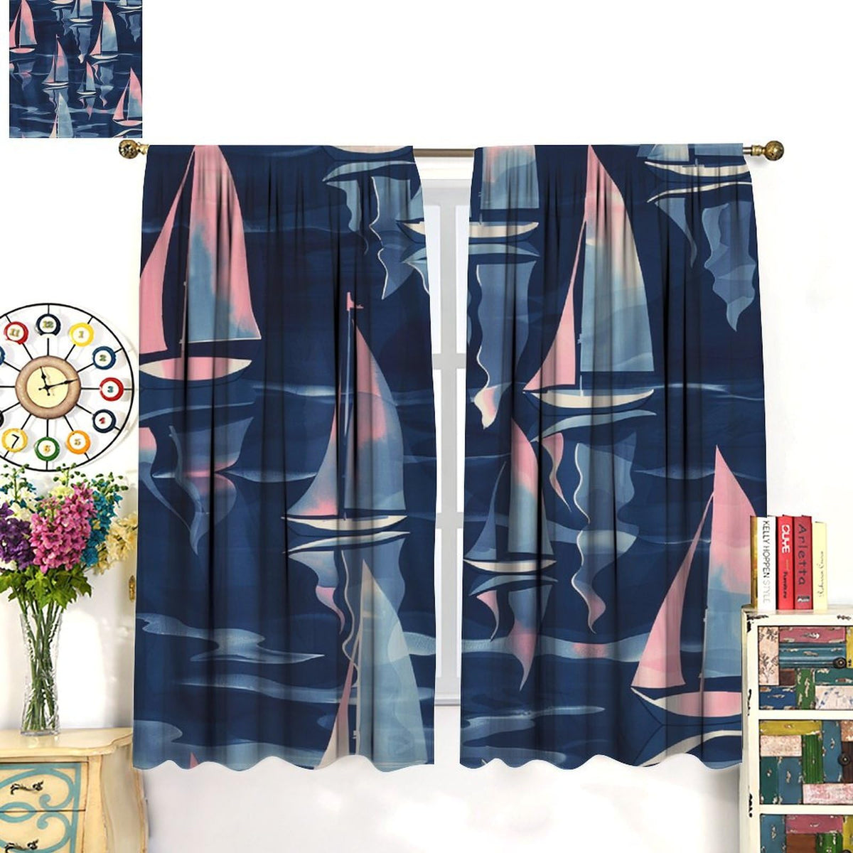 TOWINSFB Funny Sailing Ship Blackout Curtains, Cute Cartoon Sailboat Nautical Home Decor Rod Pocket Window Drapes for Living Room Bedroom - 42" W x 45" L