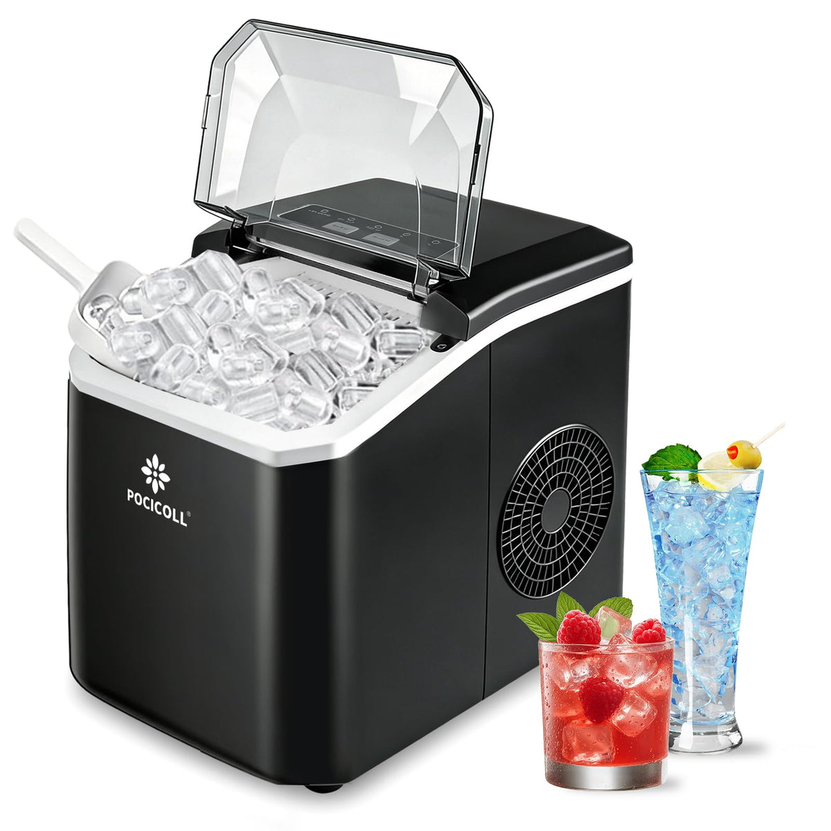 Pocicoll Countertop Ice Maker Machine, 26lbs in 24Hrs, 9 Ice Cubes Ready in 8 Mins, Auto-Cleaning Portable Ice Maker with Basket and Scoop, for Home/Kitchen/Camping/RV (Black)