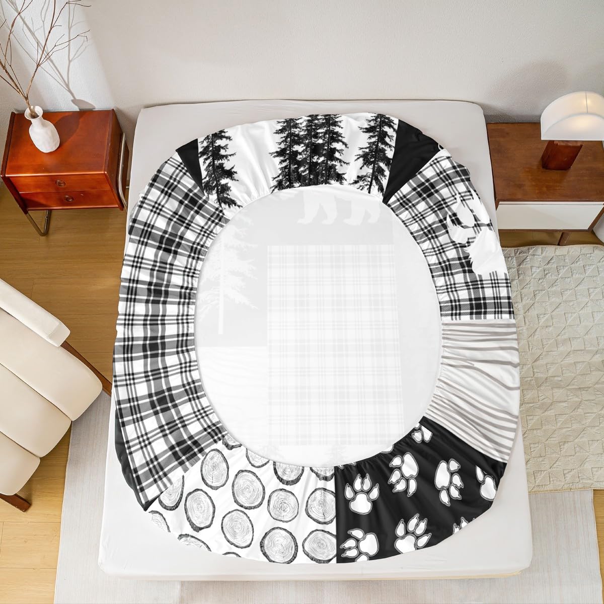 Erosebridal Bear Sheet Set Queen Size,Deer Hunting Woodland Rustic Cabin Bed Sheets for Boys Girls Kids Adult,Camping Adventure Geometric Plaid Patchwork Fitted Sheet,Xmas Pine Tree Sheets Gray Black