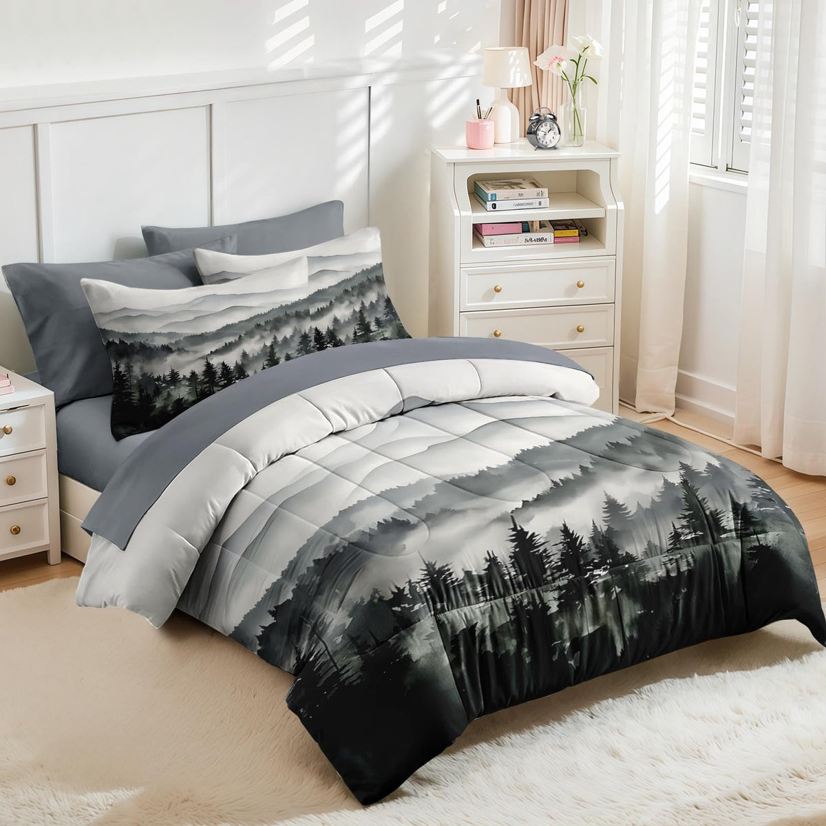 Nesker Comforter Set Full Size, Ink Forest 7 Pcs Bedding for Kids and Adults, Misty Mountains Bed Sheet Sets with Fitted Sheet 2 Pillowcases & 2 Shams