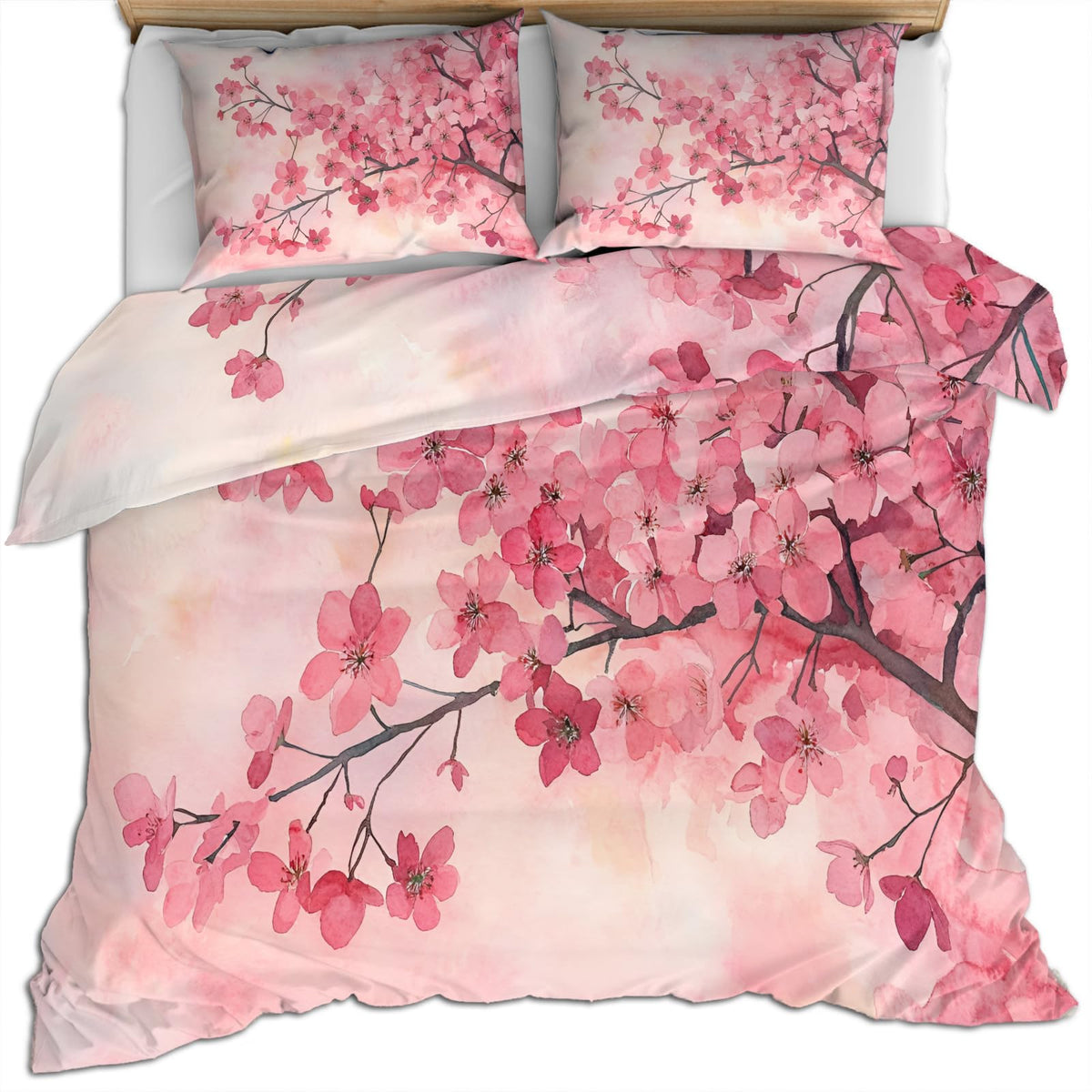 PAISUOQ Cherry Blossom Duvet Cover King, Japanese Florals Comforter Cover with Zipper Ties, Pink Flowers Bedding Set, 3 Pieces with 2 Pillow Cases, Home Decor & Gifts