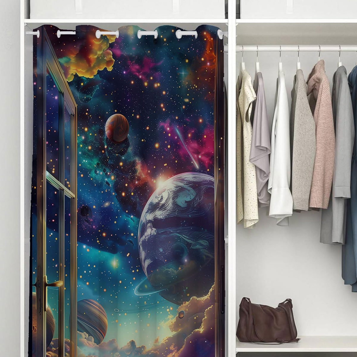 Chaohuan Space Fantasy Door Curtain, 3D Windows Colorful Galaxy Planets Stars Room Divider Curtain for Kids Boys Girls Teens Bedroom Living Room Closet 1 Panel 34" W X 80" L