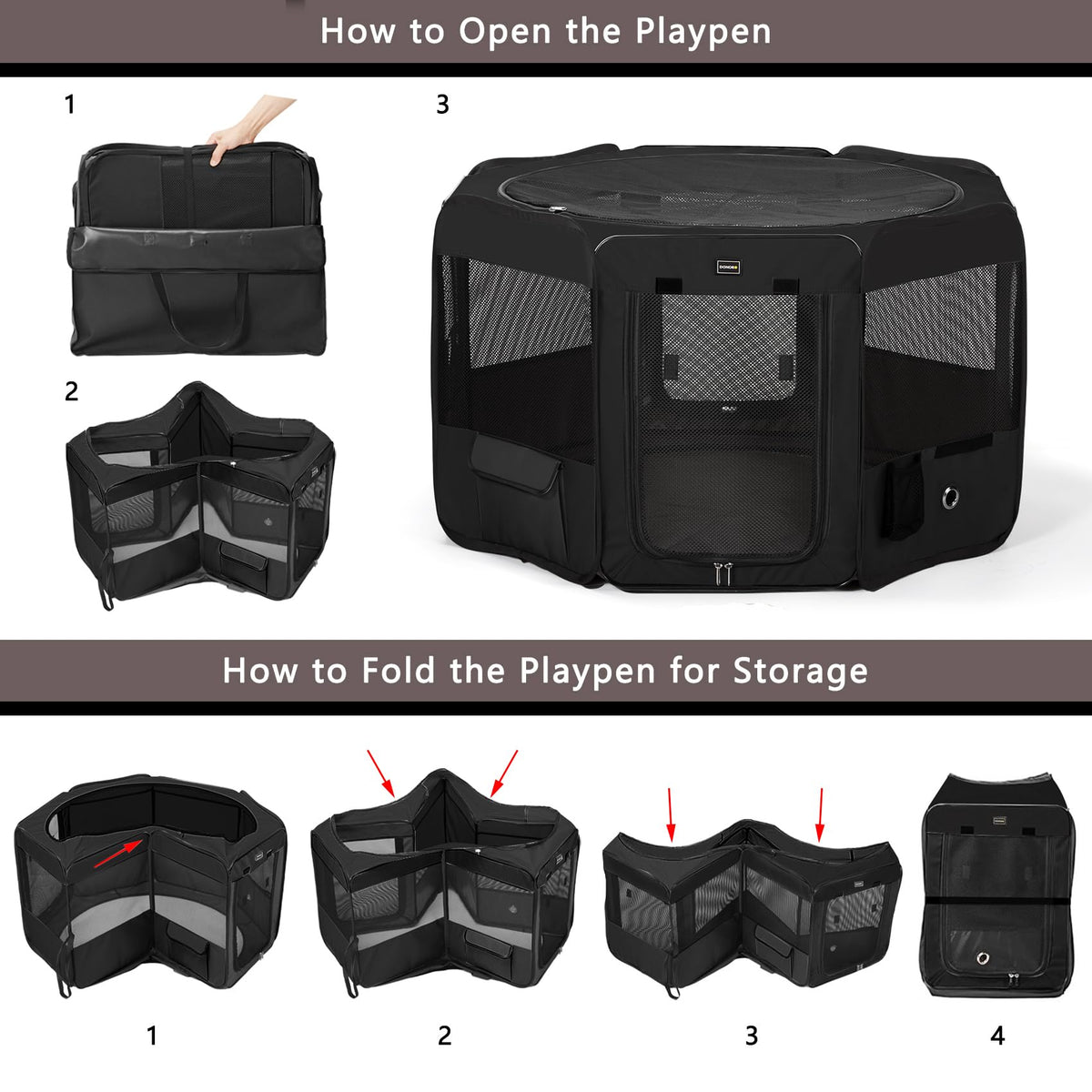DONORO Dog Playpen Portable Pet Play Pens for Small Dog/Cat/Rabbit/Chicks, Cat Playpen Indoor/Outdoor with Carring Case, Removable Zipper Top and Bottom (Black, Extra Large (55"x55"x30"), 8)