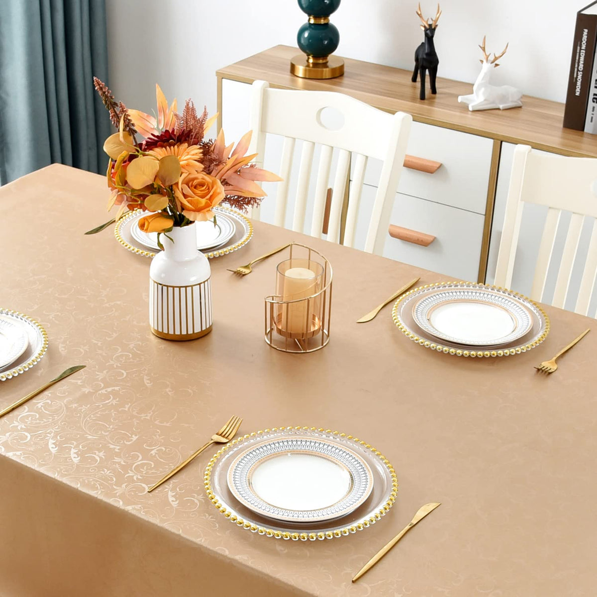 Romanstile Rectangle Vinyl Tablecloth,100% Waterproof Heavy Duty Oil Spill Proof Stain Resistant Plastic PU Table Cover with Flannel Backing for Kitchen, Dining (Flower Champagne, 52 x 70)