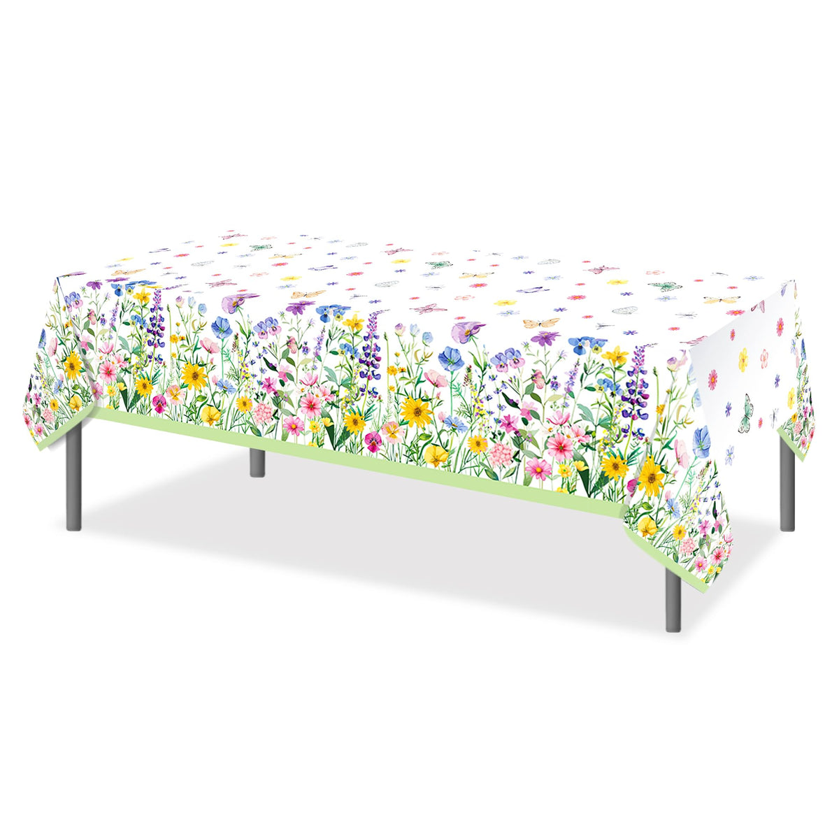 CC HOME 1Pc Blooming Wildflower Party Plastic Tablecloth 54 x 87 Inch Long Table Cover, Spring Butterfly Party Tablecover for Floral Theme Kids Baby Shower Birthday Dinner Picnic Kitchen Event