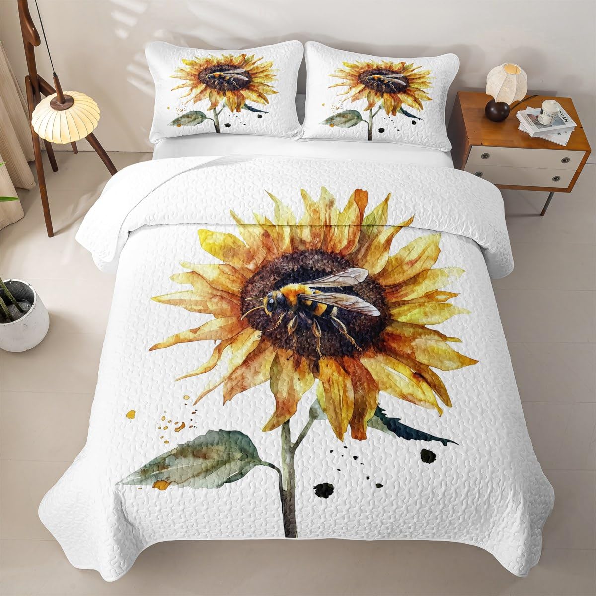 Erosebridal Sunflower Quilt Set Queen Watercolor Sunflower Bedding Coverlet Garden Fresh Style Bedspread with 2 Pillowcases All Season Girl Women Soft Bed Lightweight Comforter