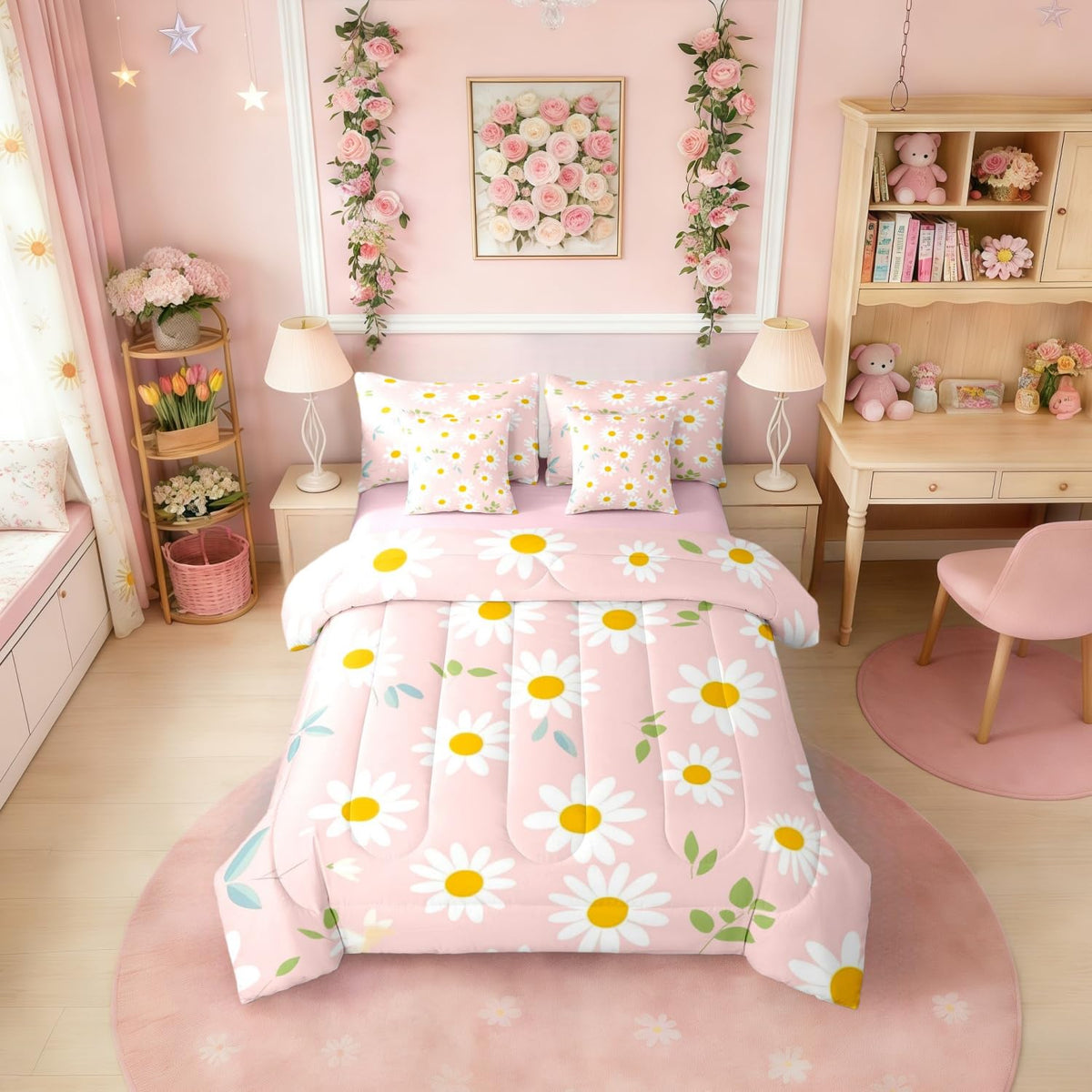 Erosebridal Cute Daisy 7-Piece Bedding Set Twin Size for Teen Girls White and Pink Comforter Set with Sheets for Kids Women Groovy Floral Bed in A Bag Trendy Coquette Flower Bed Sets All Season