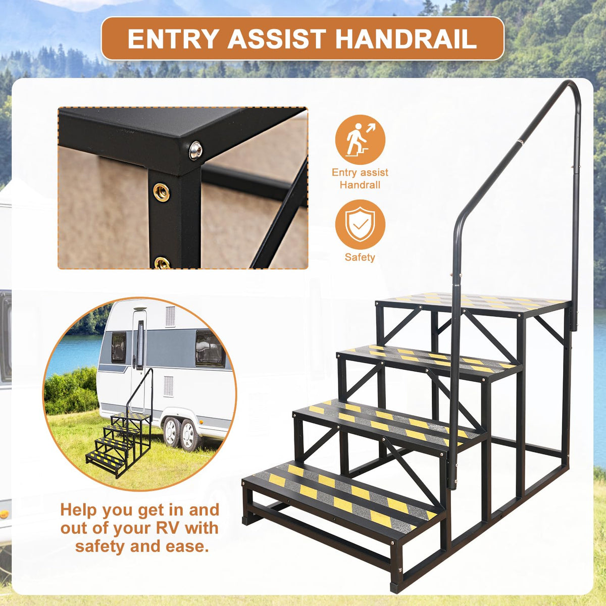 Kinchoix 4 Step RV Stairs, Hot Tub Steps, Outdoor Spa Step Ladder with Handrail,Portable Economy 5th Wheel Stair for Travel Trailer, Motor Home, Camper and Porch with Non-Skid Tapes