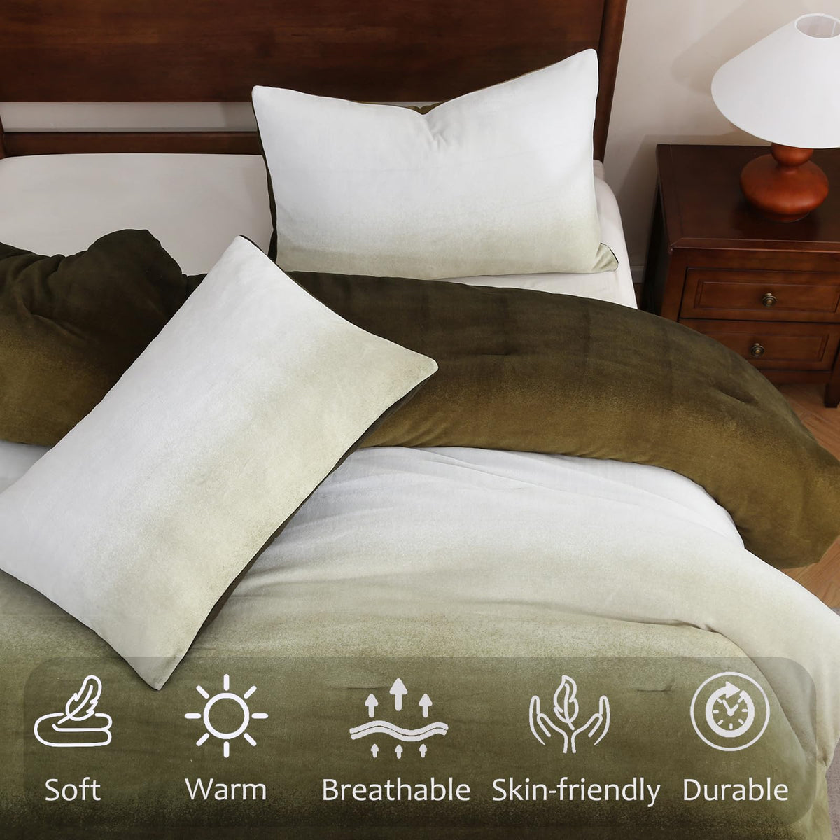 Bedbay Ombre Green Plush Fleece Comforter Set King Ultra Soft Velvety Bedding for Winter Thick Warm Cozy Gradient Quilt Set 3 Pcs All Season Fluffy Velvet King Bed Set with 2 Pillowcases