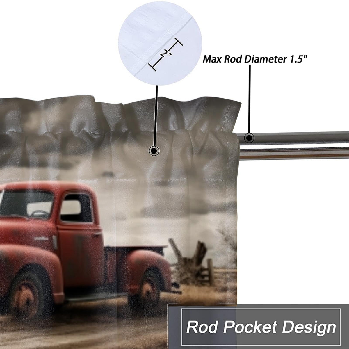 Dabuniu Vintage Red Truck Blackout Valance Curtain for Kitchen Farmhouse Old Barn Rustic Country Farm Truck Rod Pocket Valances for Bedroom Living Room Dining Room 54 by 18 in, 1 Panel