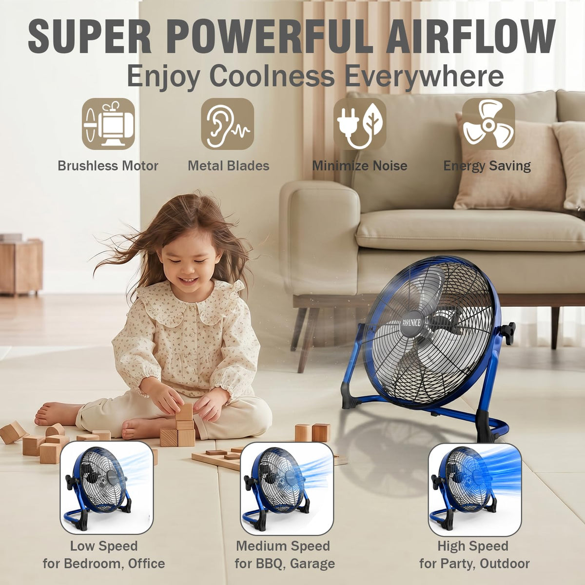 MOXNICE 20" Portable Battery Operated Floor Fan, High Velocity Battery Fan, Rechargeable Wireless Battery Powered Fan, Waterproof, USB Output, 360°Adjustable Tilt for Home Outdoor Garage Greenhouse