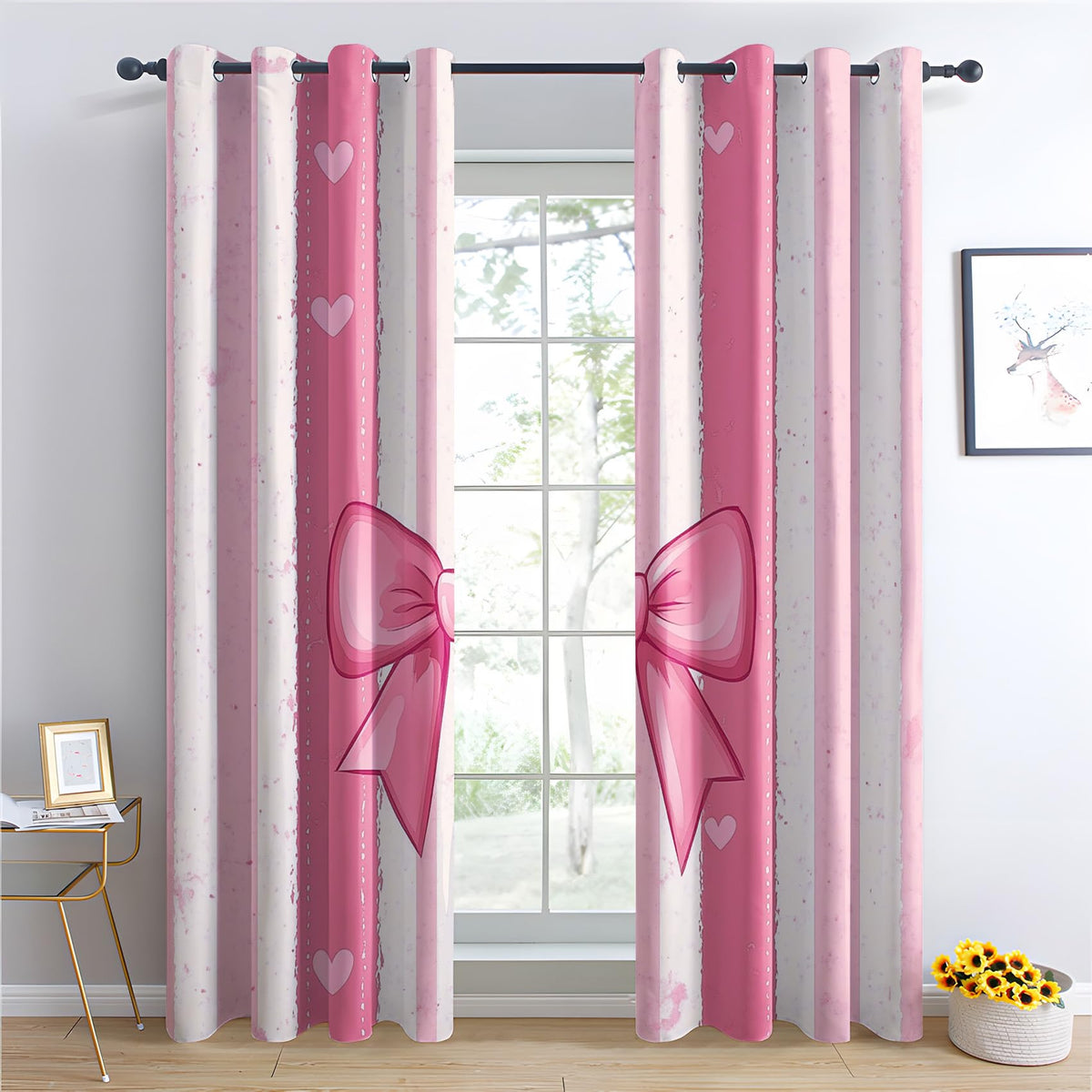 Fizzenobia Pink Bow Blackout Curtains for Bedroom Living Room, Thermal Insulated Room Darkening Grommet Drapes, Girls Bowknot Window Curtains & Home Decor, 54 Inch Curtains 2 Panel Set