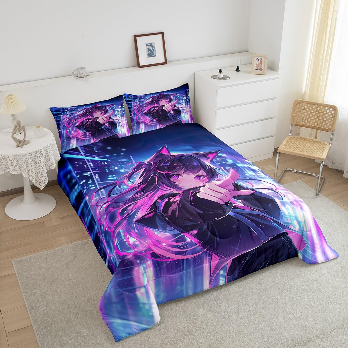 Erosebridal Kids Anime Girl Twin Size Comforter Set, Japanese Anime Bedding Set, Cartoon Girl Quilt for Boys Teens Bedroom Decor, Kawaii Japanese Animation Duvet Insert with 1 Pillow Case
