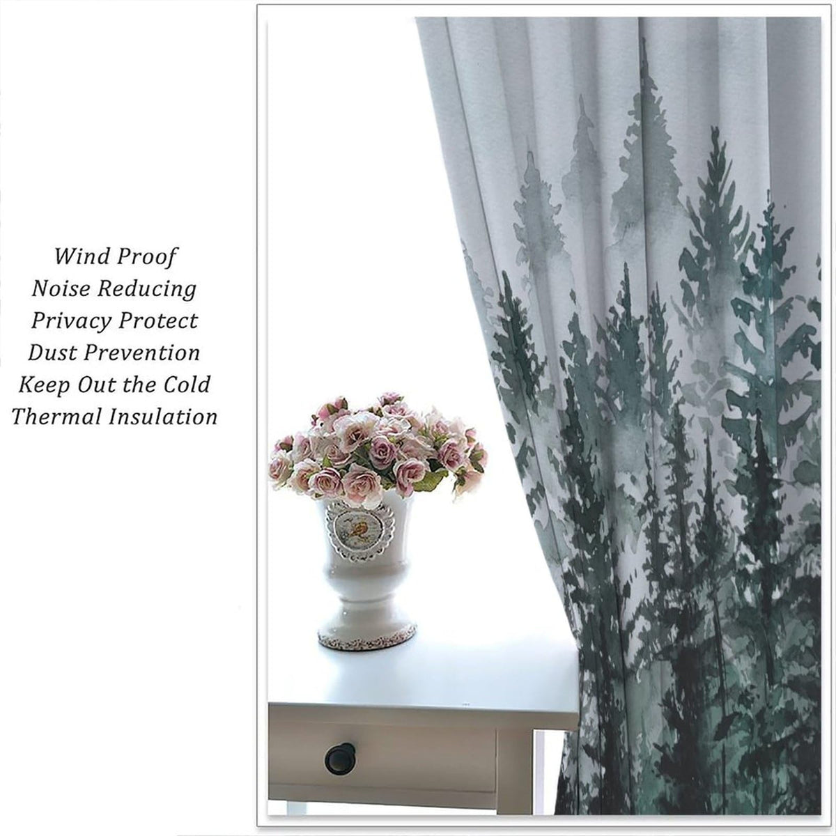 HZOHNAGO Forest Curtains Misty Watercolor Pine Trees Pattern Blackout Print Rod Pocket Window Drapes for Bedroom Living Room 42x45in
