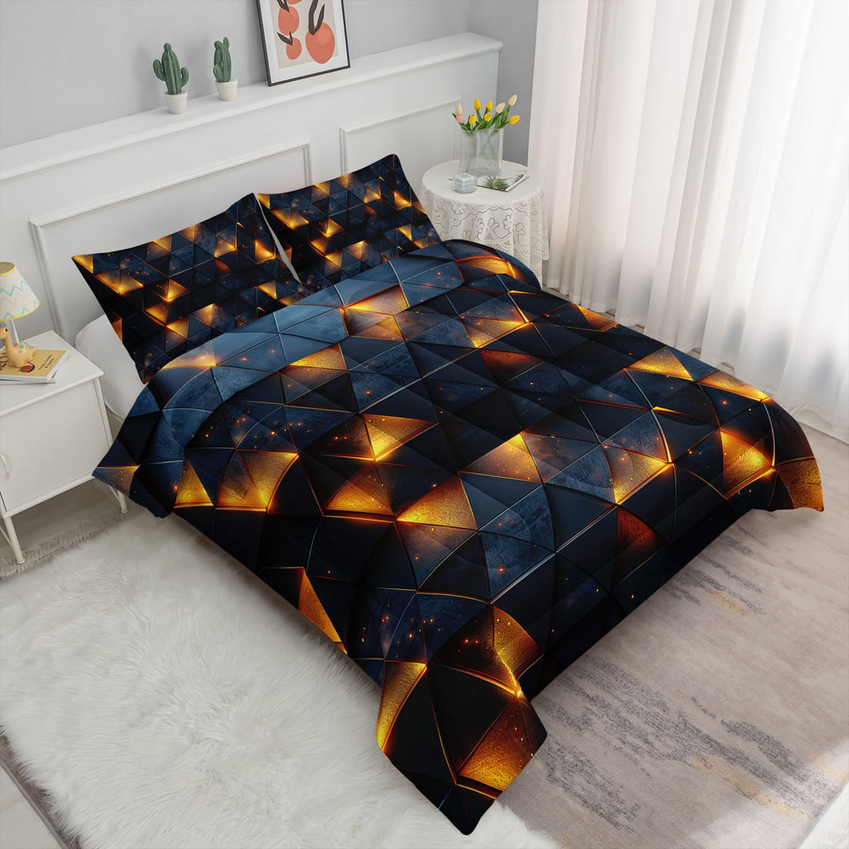 Smell Sunshine 3D Geometric Comforter Set Yellow Neon Light Printed Bedding Set with 1 Comforter and 2 Pillowcases for Boys and Girls Bedroom All Season(Geometric Twin)