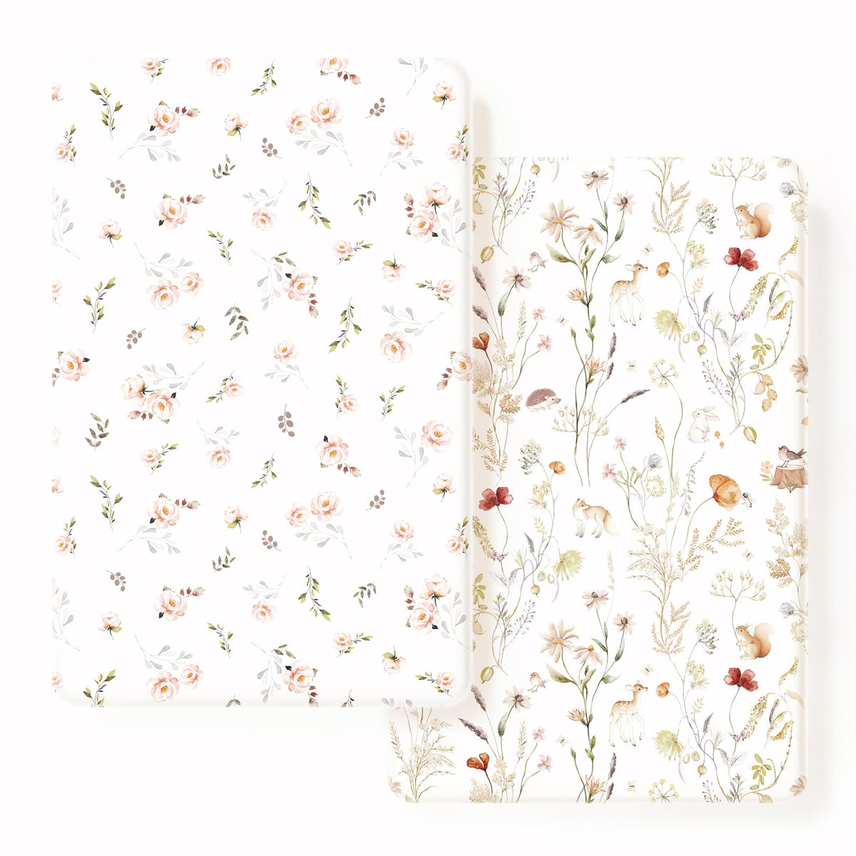 GRSSDER Stretchy Ultra Soft Jersey Knit Pack and Play Sheets 2 Pack, Portable/Mini Crib Sheets Universal Fitted for Playpen Mattress Safe and Snug, Beautiful Pink Floral and Cute Animals Print