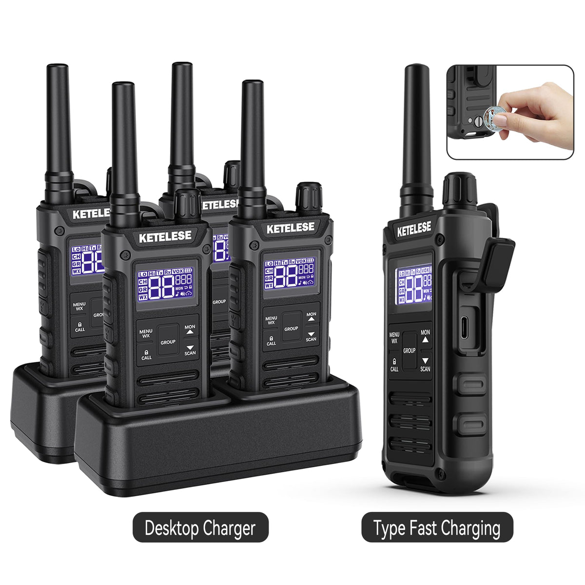 KETELESE T3G IP67 Waterproof Walkie Talkies Rechargeable, Heavy Duty 2 Way Radios with Earpiece and Mic, Dock, USB, NOAA Weather Alert, Group PTT (4 Pack), Black/Grey