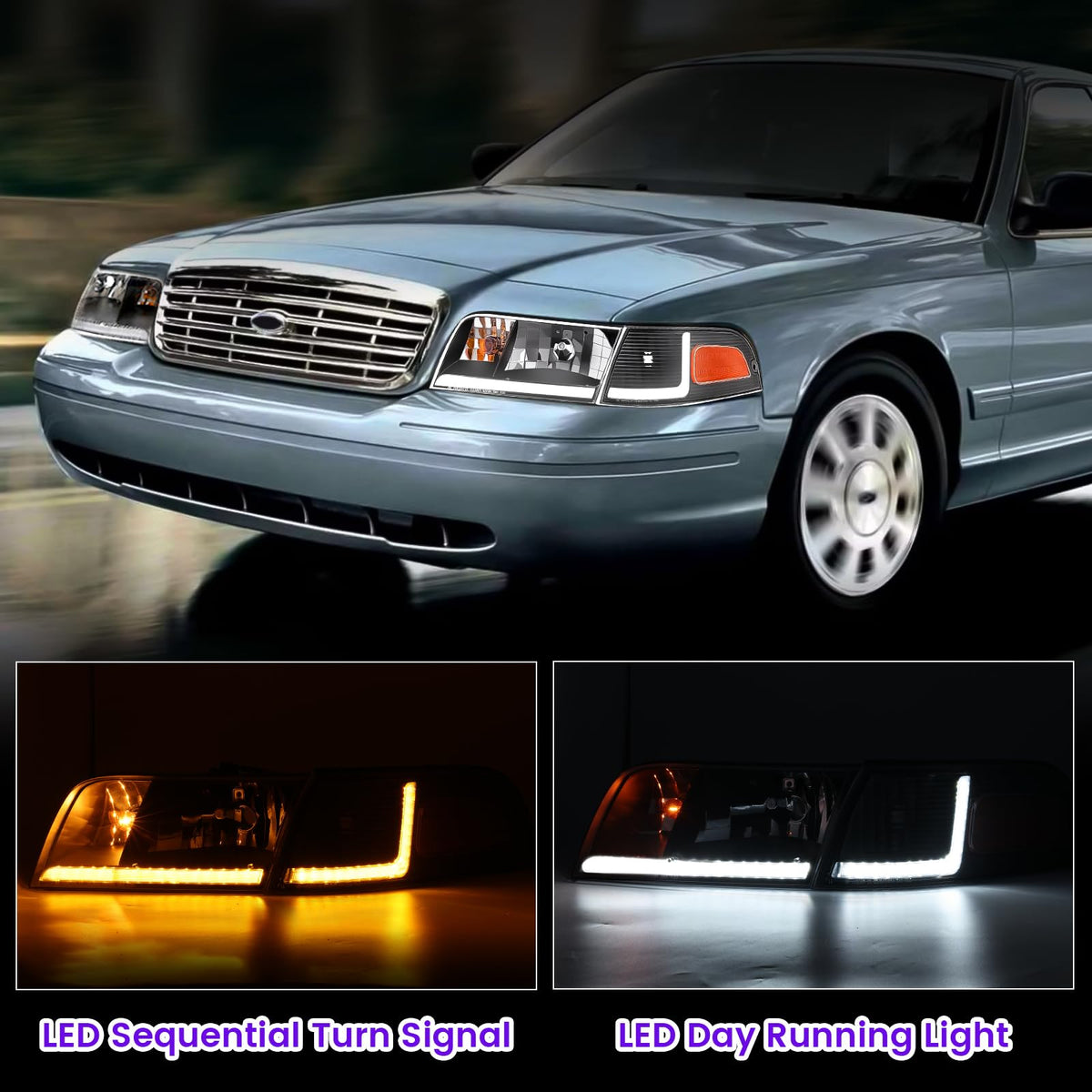 XGWZ Headlight Assembly LED DRL Compatible with 1998-2011 Ford Crown Victoria 98-11 Ford Crown Victoria w/Corner Headlamp (Black Housing Amber Reflector, B)