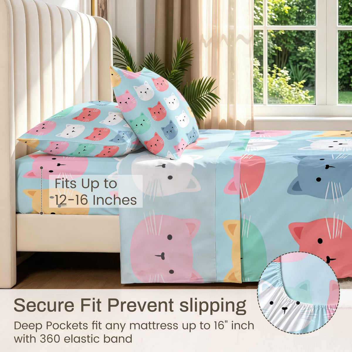 Cute Cat Sheet Set, 4 Pcs Full Size Girls Kitten Bed Sheets
