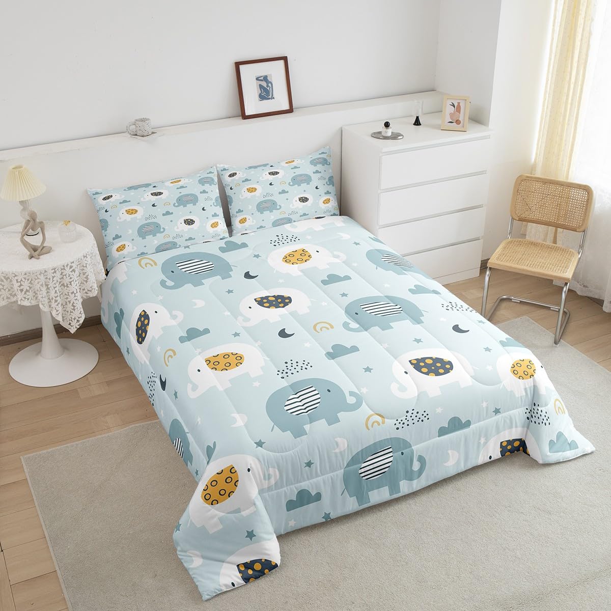 Feelyou Cartoon Elephant Bedding Set for Boys Girls Queen, Kids Zoo Animal Comforter Set Rainbow Elephant Comforter Wildlife Duvet Set 3Pcs
