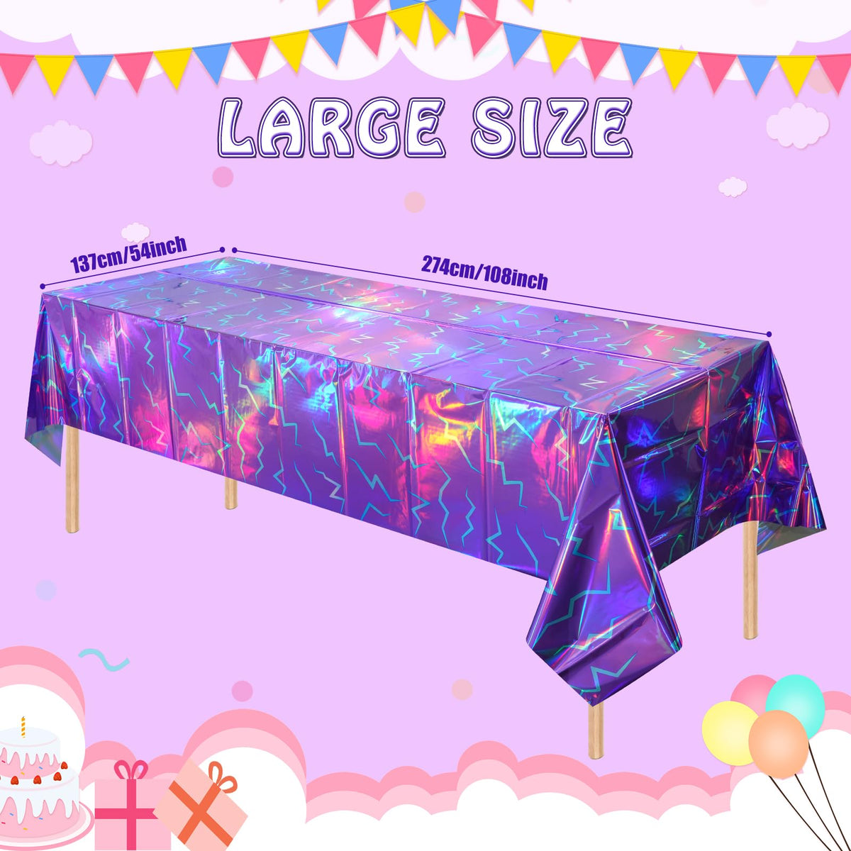 3 Pack Iridescent Purple and Blue Kpop Plastic Tablecloth 54x108 Inch, Holographic Laser Disposable Table Cover, Rectangle Purple and Blue Table Cloth for Kpop Halloween Birthday Party Decorations
