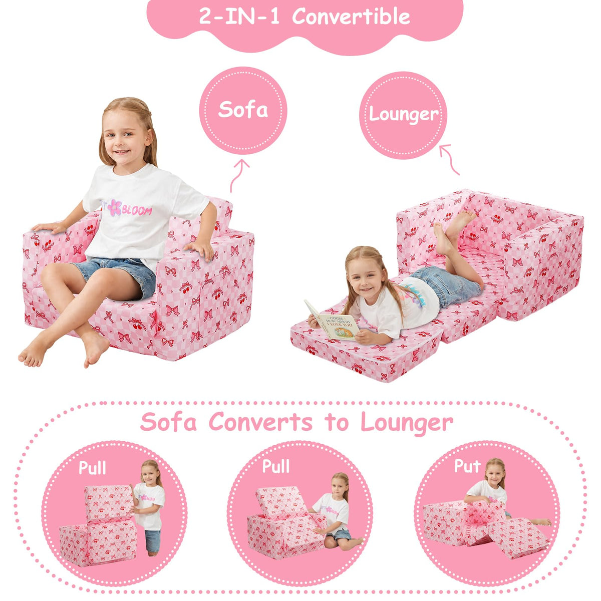 Viviland Toddler Chair, 2-in-1 Kids Couch Bed, Toddler Chairs Comfy 1-3 Years Old Fold Out Convertible Soft to Lounger, Pink Checkerboard Butterfly Bow and Cherry Baby Couch