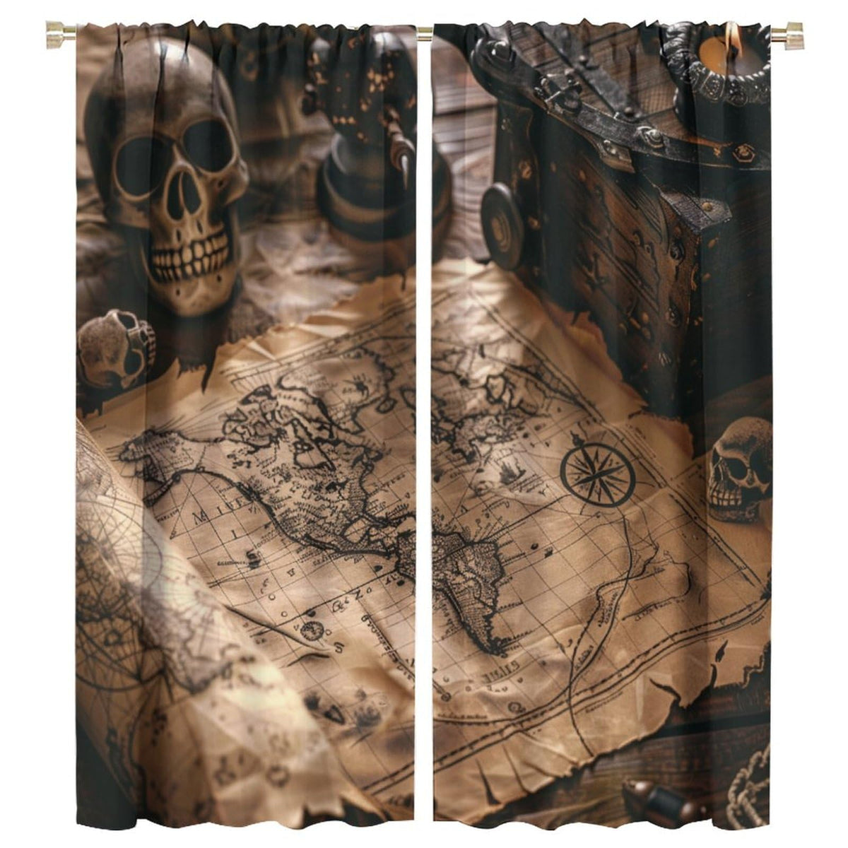 HDESDIS Mystical Pirate Treasure Blackout Curtains for Bedroom, Grommet Drapes Thermal Insulated Room Darkening Retro Skeleton Nautical Map Curtains, 21W x 45L, 2 Panels