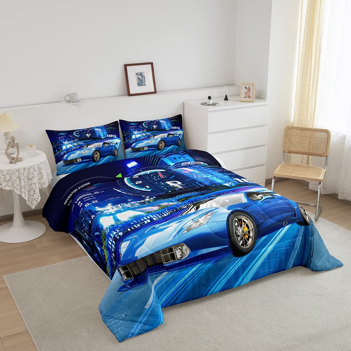 Feelyou Boys Race Car Down Duvet Cool Sports Car Comforter Set for Kids Boys Girls Extreme Sports Bedding Set Blue Automobile Car Comforter 1 Comforter Set with 2 Pillowcases Full Size