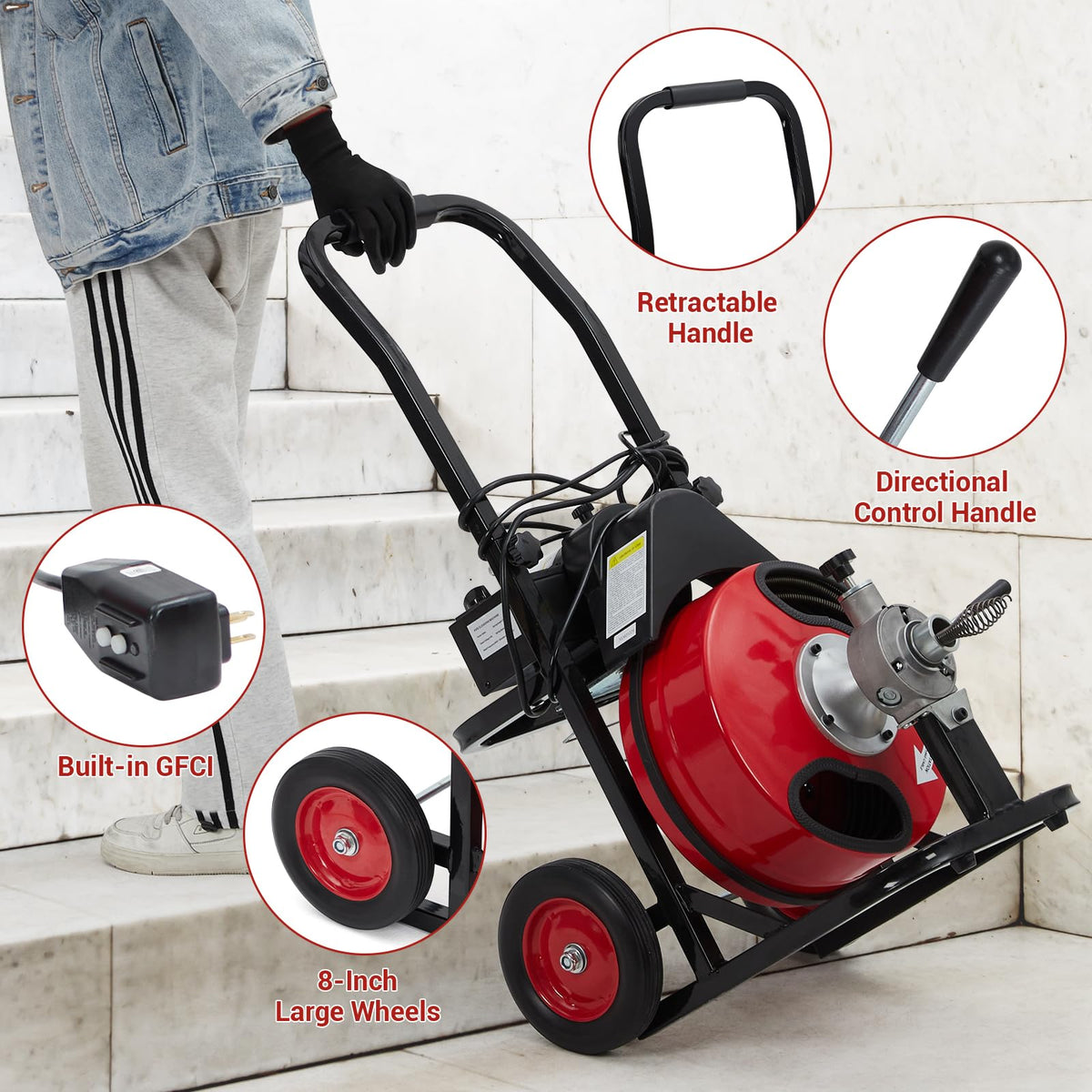 GarveeTech Auto Feed 75 ft x 1/2 in Drain Cleaner Machine with 250W Motor, Portable Sewer Snake Auger with 8 Cutters & Air-activated Foot Switch, Fits 1 in to 4 in Pipes, Black & Red
