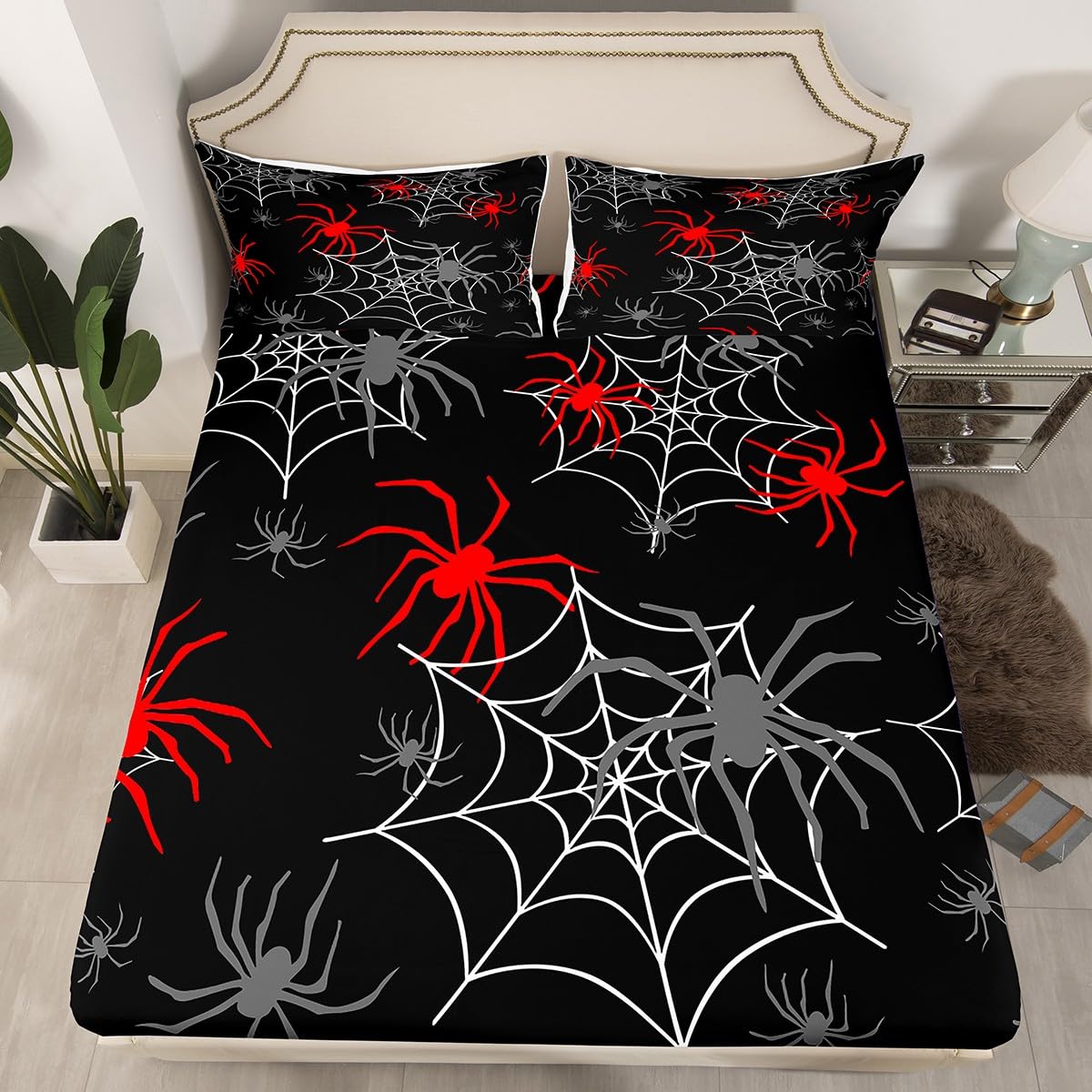 Feelyou Red Black White Cobweb Sheet Set Full Size, Scary Halloween Decorations Bed Sheets Set Scary Spider Sheets with Deep Pocket Fitted Sheet Kids Toddler Red Black Gray Animal Bedding Set 4Pcs