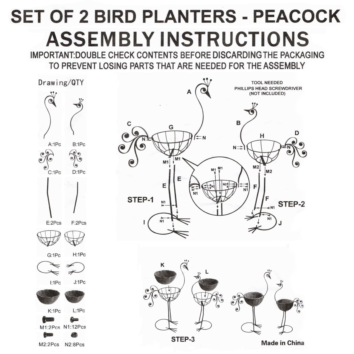 COOZZYHOUR Metal Peacock Planter with Fiber Basket -Garden Bird Planters for Outdoor Indoor Lawn,Yard,Porch,Patio, Garden Decorations（Set of 2）
