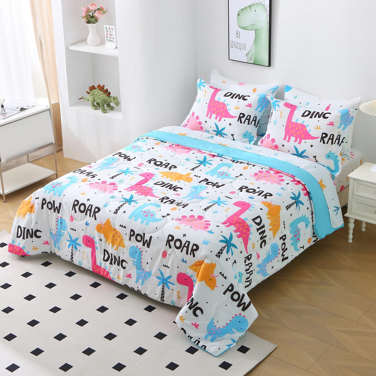 Wajade 7 Piece Kid Girls Dinosaur Comforter Set Queen Size 3D Pink Dinosaur Wild Park Jungle Print Bedding Set with Comforter, Sheet Set, Pillowcase and Sham