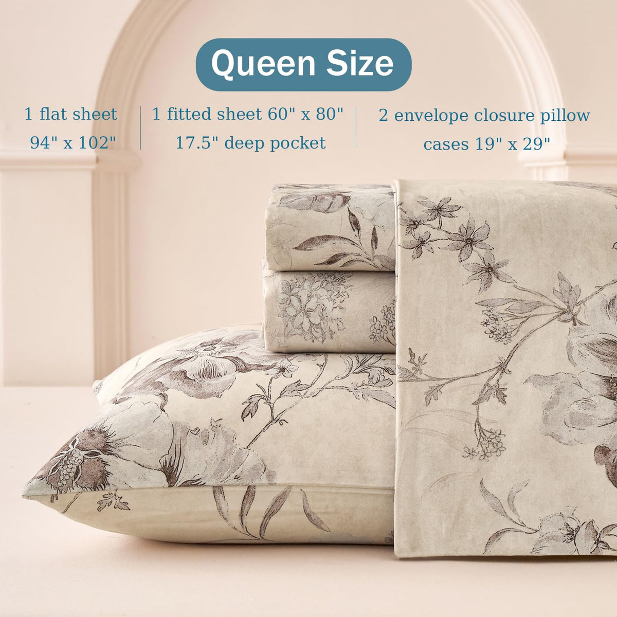 Huborise Beige Queen Sheet Set 100% Cotton Flannel-Like Warm Luxury Peony Toile Floral Bed Sheets 4Pc Deep Pocket 17.5", Double Brushed Extra Soft Breathable, Fall/Winter French Country Bedding