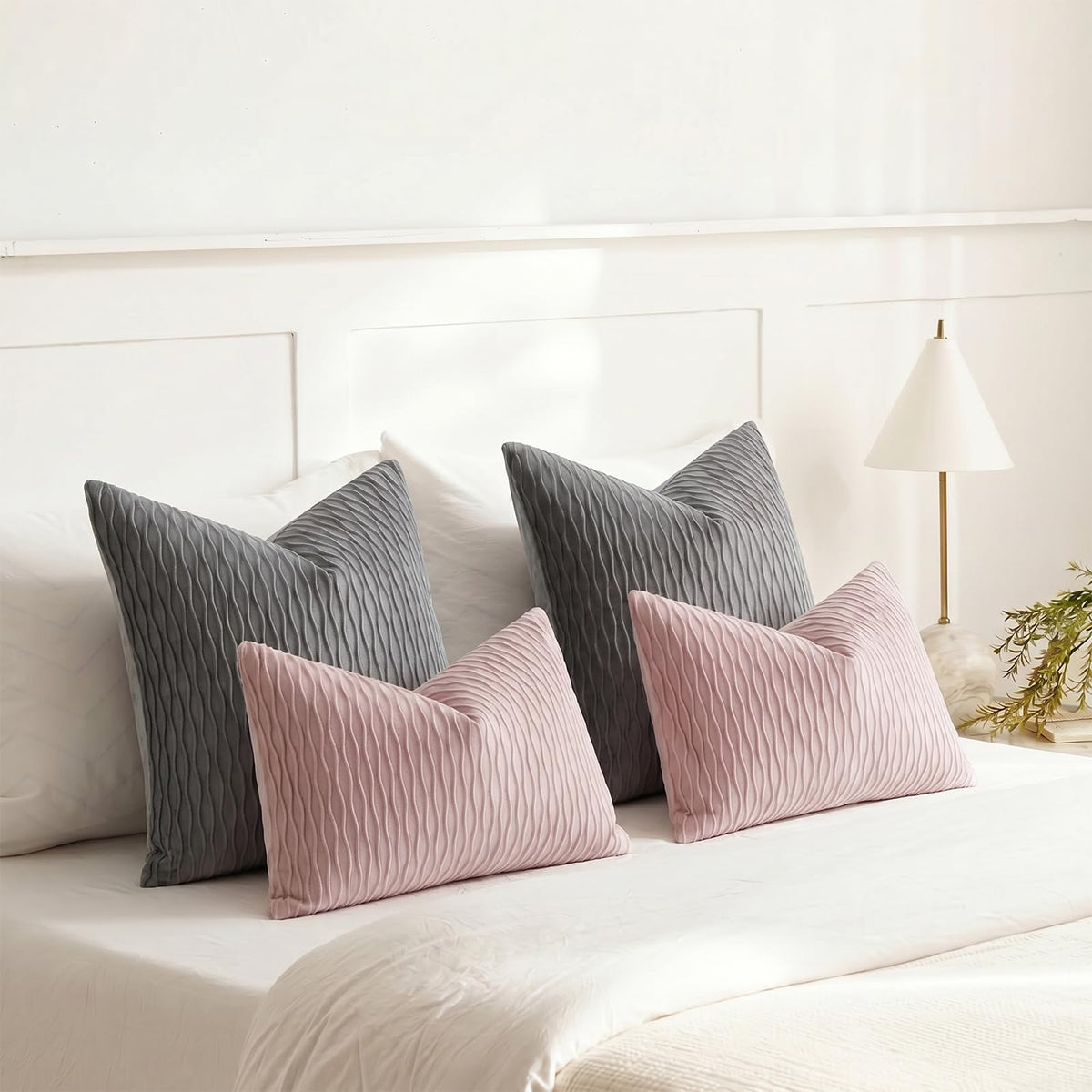 DEZENE Grey Vertical Ripple Striped Decorative Pillow Cases: Pack of 2 18x18 Inch Velvet Square Throw Pillow Covers for Farmhouse Couch Sofa Bed Living Room Home Decor