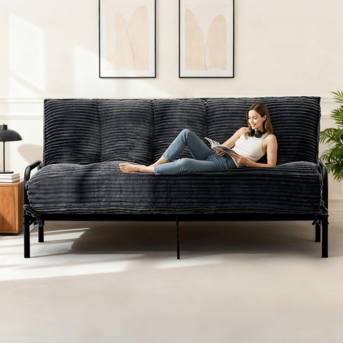 feliz home 10" Futon Mattress Full Size,Futons Sofa Couch Bed with Straps, Thick Corduroy Floor Mattress for Adults, Roll Up Folding Mattress Shredded Foam Filling, Medium Firm(Frame Not Included)