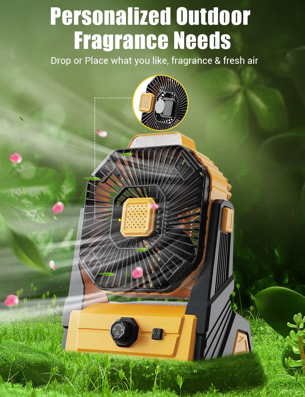 KopBeau Battery Operated Fan, 20800mAh Detachable, Camping Fan with LED Light & Hook for Tent, Outdoor USB Portable Fan Rechargeable for Travel, Hurricane, Hiking, Jobsite, Yellow