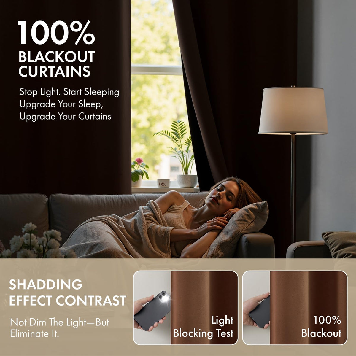 MIULEE 100% Blackout Curtains for Bedroom 63 Inch Long, 2 Thick Layers Thermal Insulated Black Out Window Curtains with Black Liner, Noise Reducing Grommet Living Room Drapes 2 Panels Mocha Brown