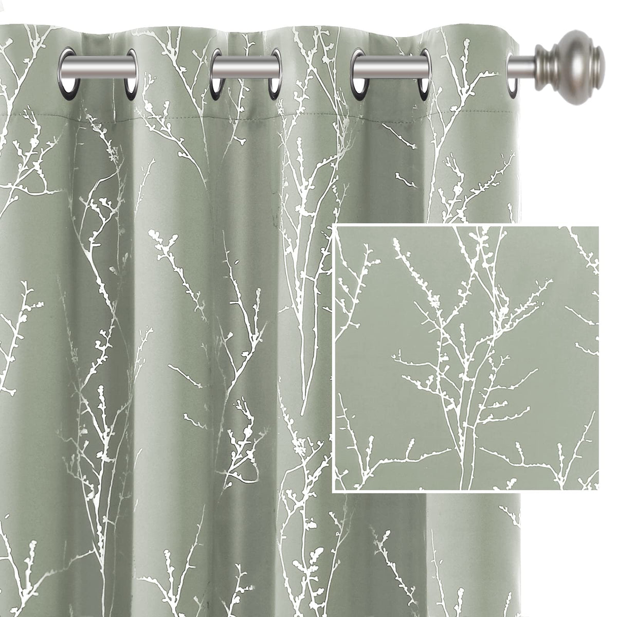 H.VERSAILTEX Blackout Curtains for Bedroom Foil Print Twig Tree Branch Thermal Insulated Grommet Curtain Drapes Light Blocking Thick Soft Window Curtains for Living 52 x 84 Inch, 2 Panels, Sage