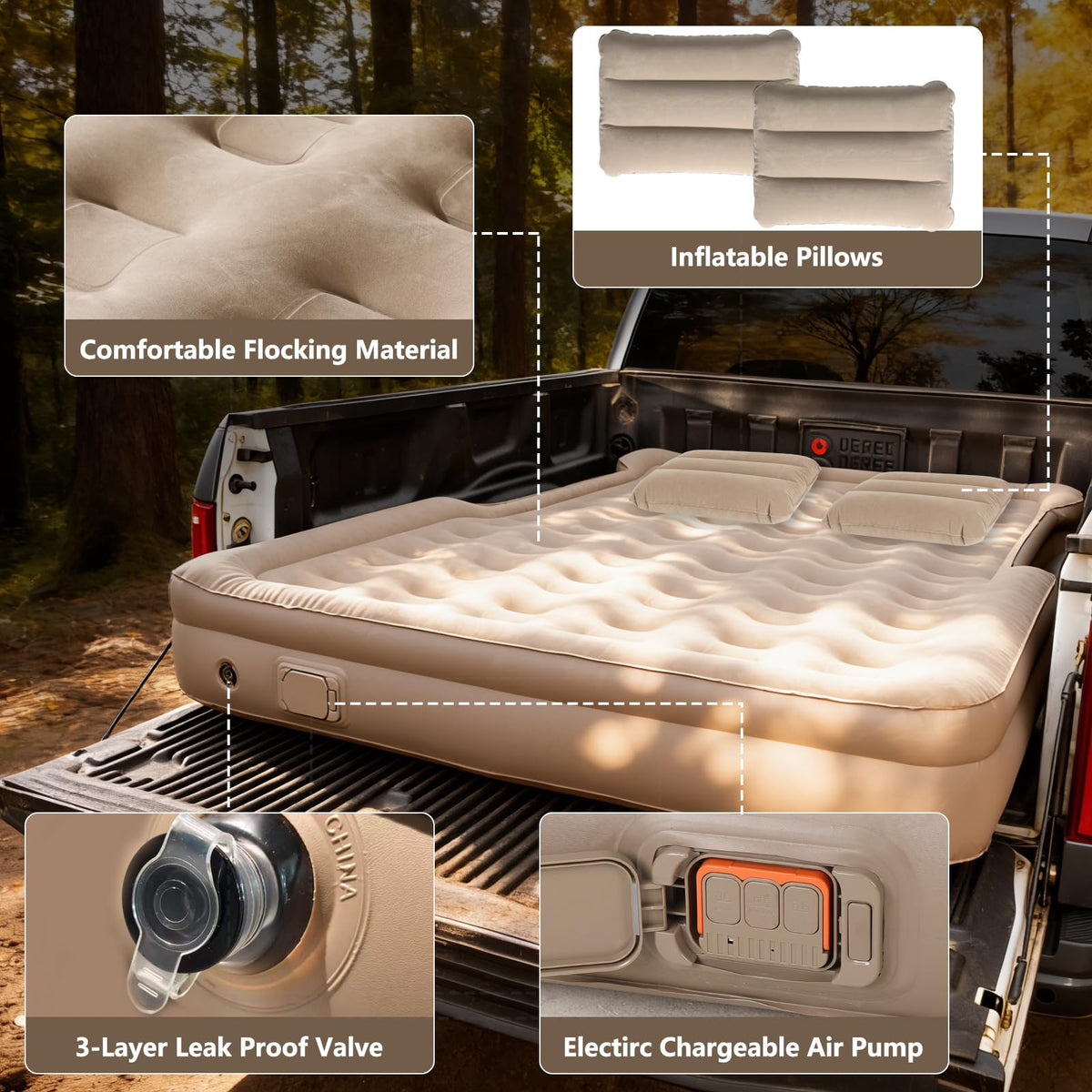 Afurkuot Truck Bed Air Mattress 6-6.5 FT Full Size, Built-in Air Pump, Inflatable Pillow, Inflatable Pickup Trucks Bed Mattress for F-150 Outdoor Camping Truck Pickup Tent Road Trip