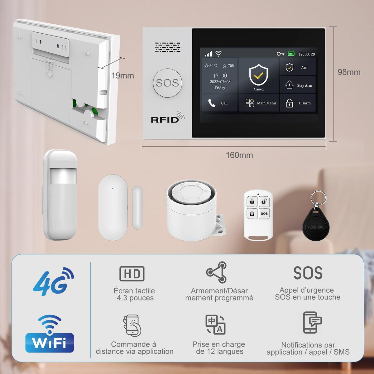 WiFi Wireless Alarm System for Home Security - 24/7 Protection Smart Home Devices 4.3" Touch Screen, GSM/4G+WiFi, App Instant Alerts, No Monthly Fee, Alexa Compatible for Villa, Kids Safety (21pcs)