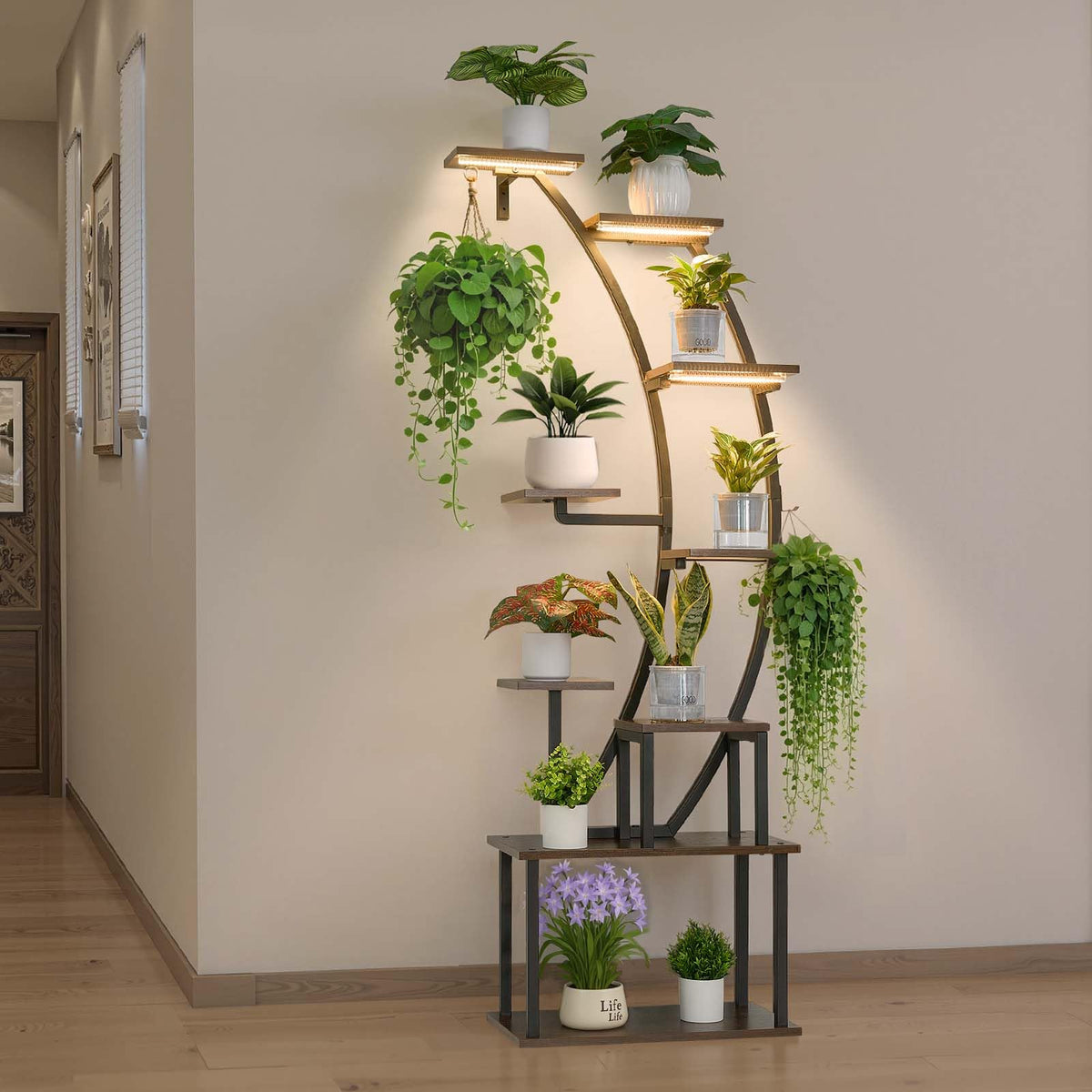 VEVOR Plant Stand Indoor with Grow Lights, 63 in Tall 9-Tier Lighted Plant Shelf, Metal Corner Plants Holder, 3 Timer & 10 Brightness, Curve-Shaped Flower Display Rack for Living Room Balcony Decor