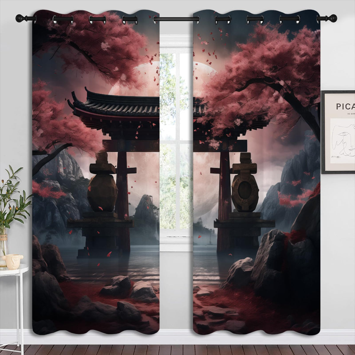 LHROOMJK Japanese Cherry Blossom Blackout Curtains for Boys Girl Bedroom Home Decor,Asian Anime Floral Mountain Pink Moon Thermal Insulated Grommet Darkening Living Room Window Drapes, 72 x 63 inch