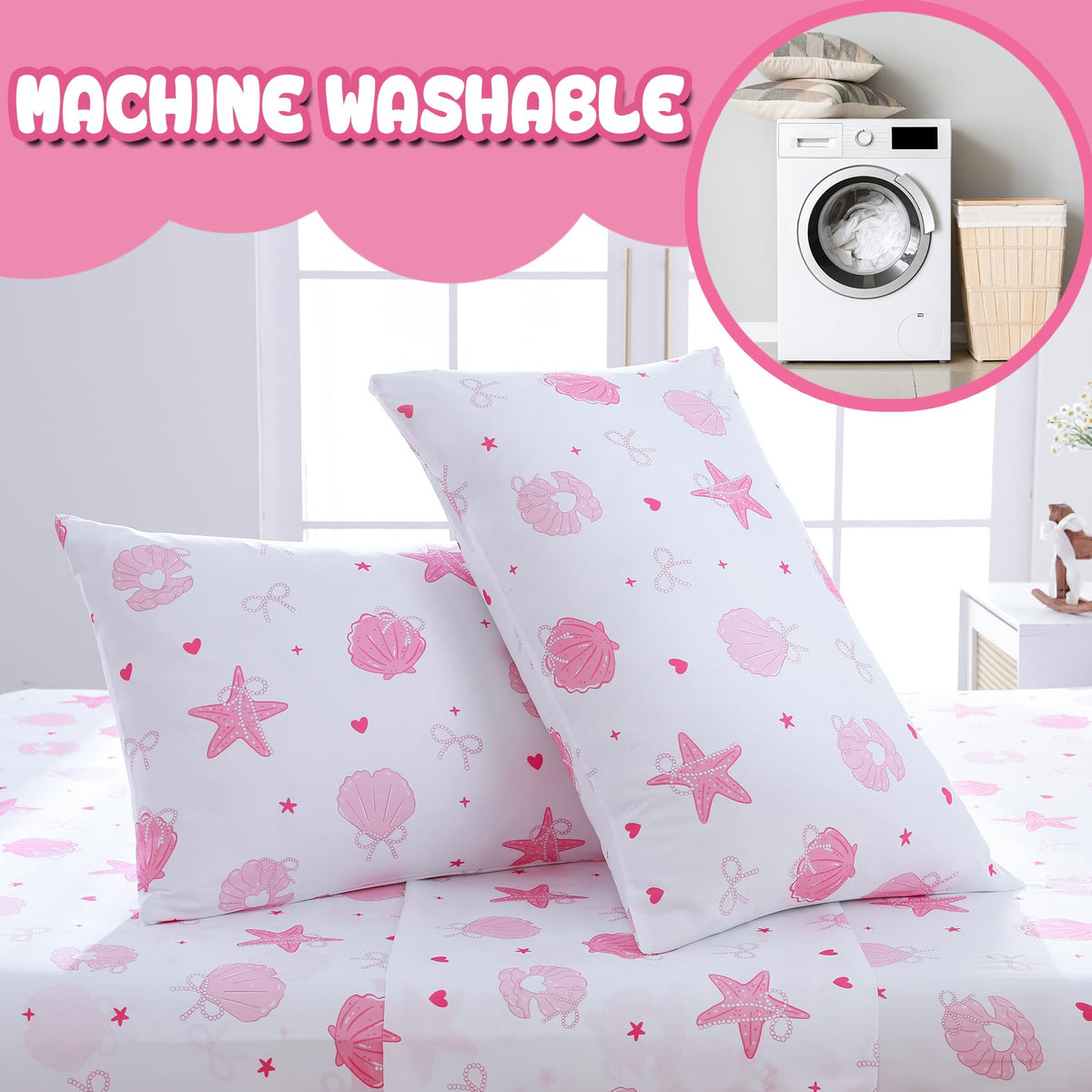 Yibeizi Pink Full Size Sheet Sets Kids Beach Bedding Coastal Bed Sheets for Girls Ocean Print Bedsheets Microfiber Deep Pocket Beachy Patterned Bed Sheet & Pillowcase Sets 4 Pieces