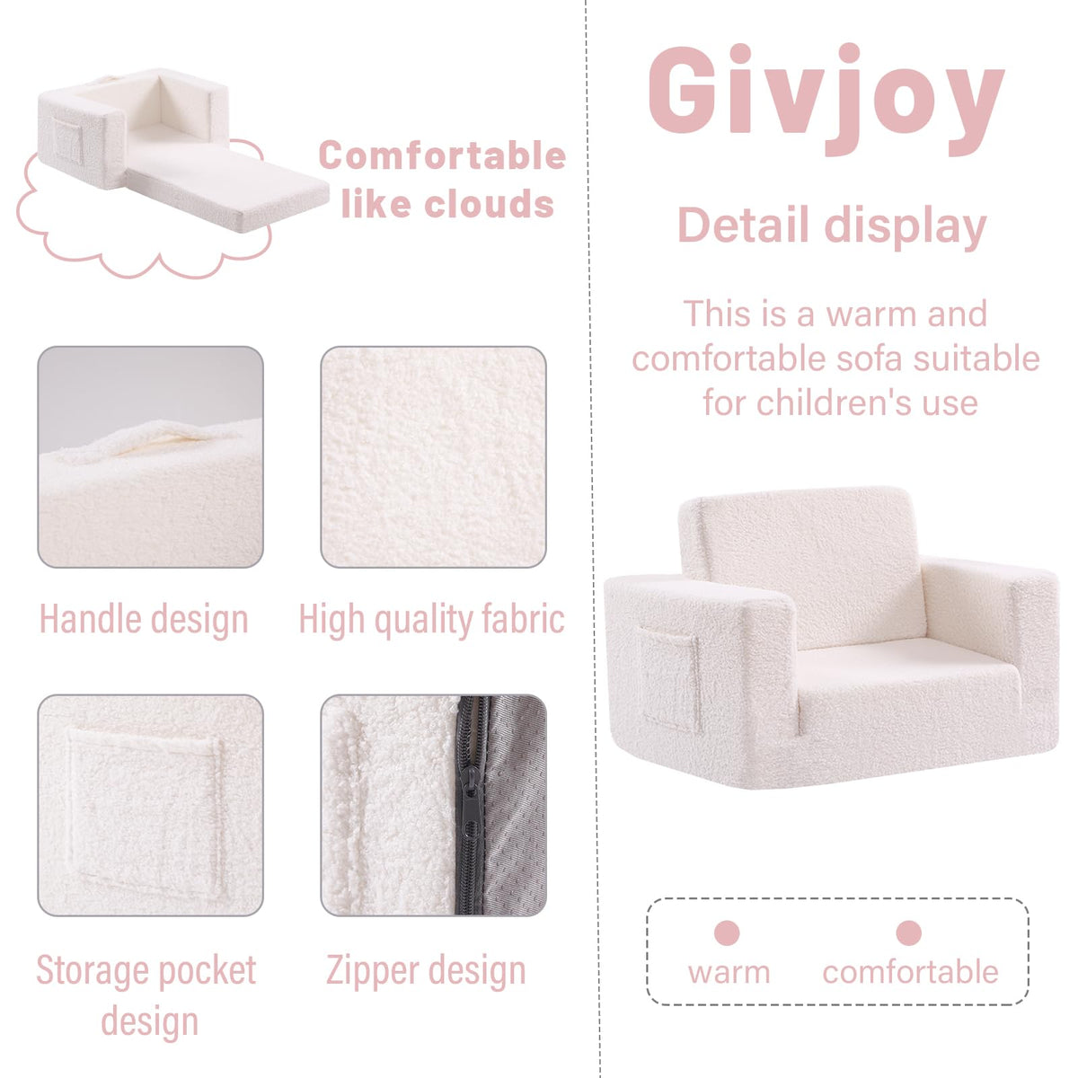 Givjoy Toddler Chair Sherpa Kids Couch, 2-in-1 Soft Kids Armchair Lounger for Bedroom, Convertible Sofa for Girls and Boys, Child Reading Chair for Playroom, Living Room, Pet, Beige
