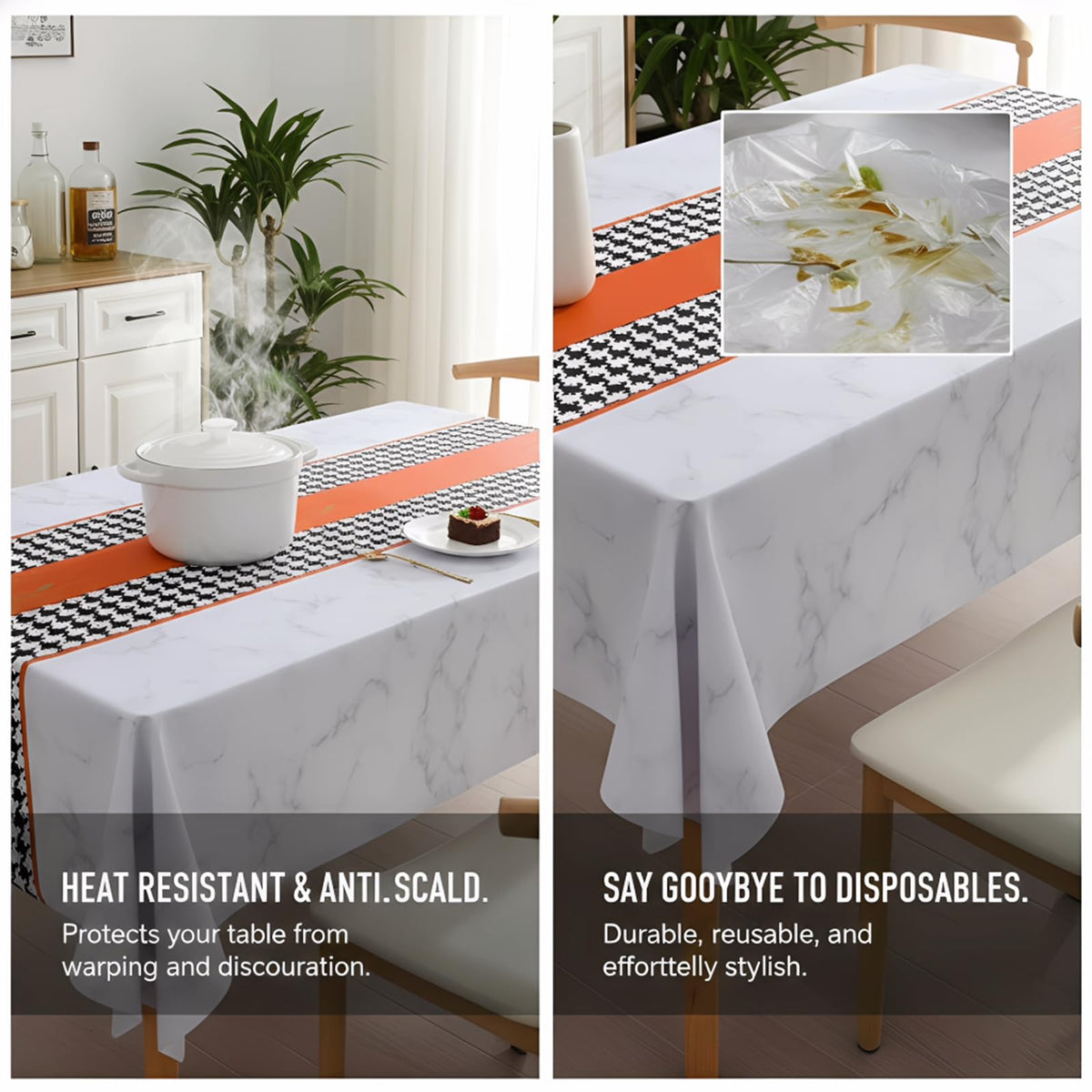 Qvthpv 55"x70" Rectangular PVC Tablecloth, Waterproof Oilproof Heatproof Kitchen Table Cover, Wipeable Stain Resistant Everyday Dining Table Cloth for Holidays Parties Camping (Marble Orange)