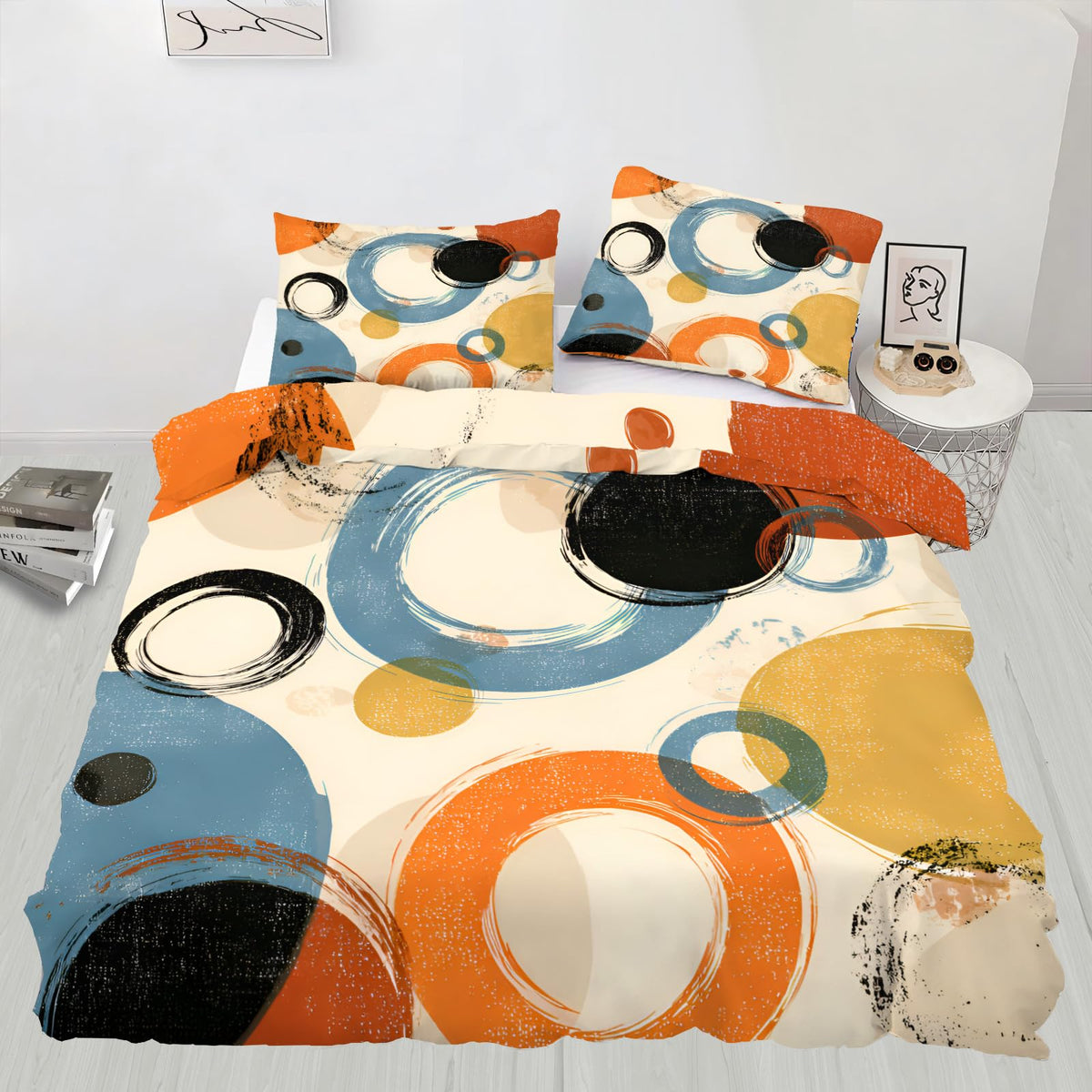 QINYUN Retro Dirt Duvet Cover Queen Size, Abstract Circle Geometry Art Bedding Set 3 Piece Bedroom Decor Farmhouse Comforter Cover with Zipper Ties & 2 Pillowcases
